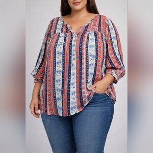 Eyeshadow Boho Floral Striped Blouse | Women’s 2X | Lightweight Peasant Top